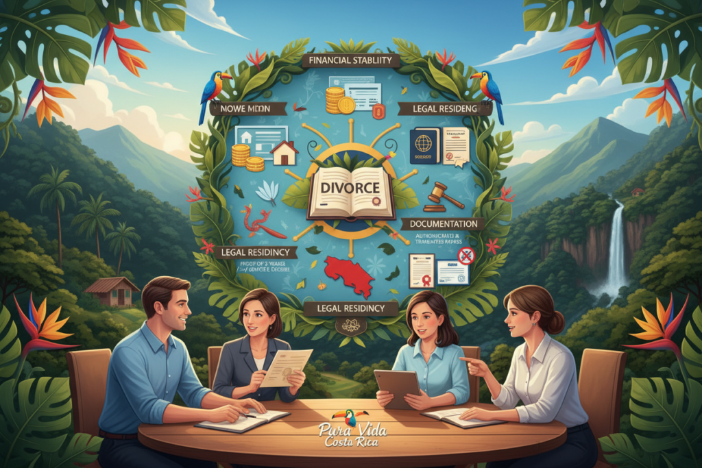 A detailed and informative illustration showcasing the eligibility requirements for Costa Rica residency, centered on the theme of divorce. In the foreground, a diverse group of Caucasian individuals in business casual attire (polo shirts and button-downs) engage in a collaborative discussion, reviewing documents relating to residency requirements. In the middle layer, a beautifully designed infographic outlines key points such as financial stability, proof of legal residency, and documentation requirements surrounded by tropical foliage native to Costa Rica. The background features a serene Costa Rican landscape with lush greenery, mountains, and a clear blue sky, evoking a sense of peace and opportunity. The lighting is warm and inviting, casting soft shadows and creating a hopeful atmosphere. Include the brand name "Pura Vida Costa Rica" subtly integrated into the design.