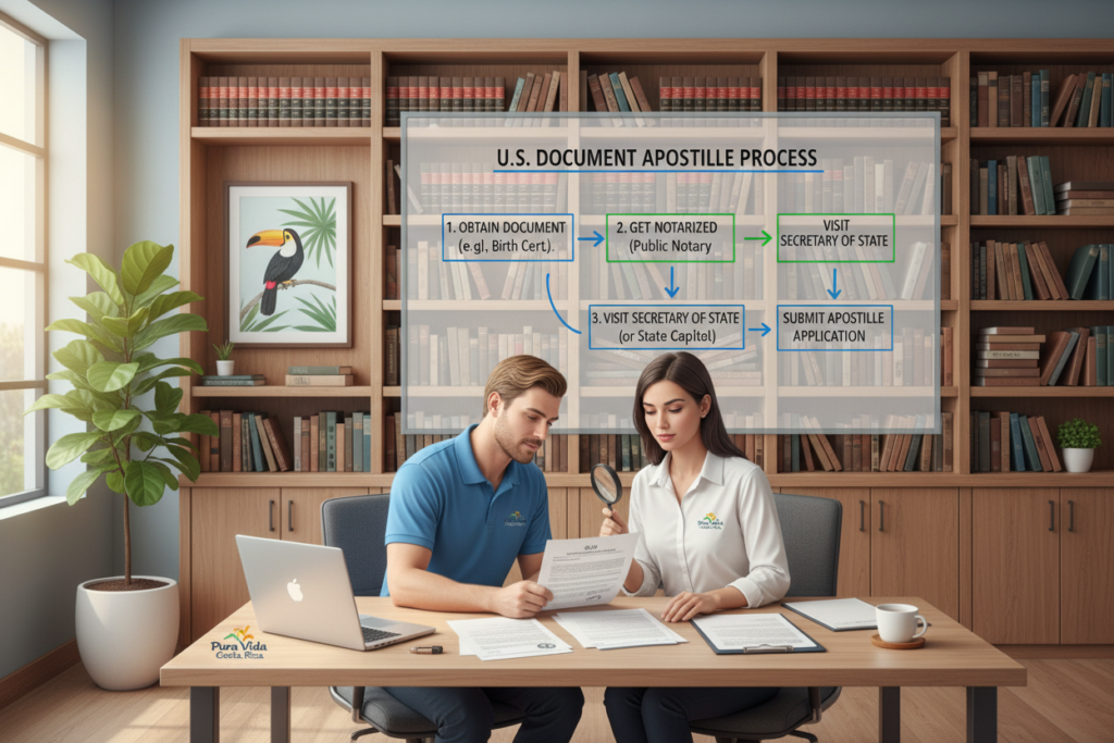 A detailed illustration depicting the step-by-step apostille process for U.S. documents, focusing on a professional and informative aesthetic. In the foreground, show a Caucasian male and female staff member dressed in business casual attire (polo/button-down shirts) examining U.S. documents on a modern desk with a laptop. In the middle ground, include a clear flowchart highlighting each step of the apostille process, such as "Obtain Document," "Visit Secretary of State," "Get Notarized," and "Submit Apostille." In the background, feature a softly lit office environment with shelves of legal books and a potted plant, creating a calm, professional atmosphere. Ensure the scene conveys clarity and organization, with a gentle light illuminating the workspace. The brand name "Pura Vida Costa Rica" subtly integrated into the office design elements.