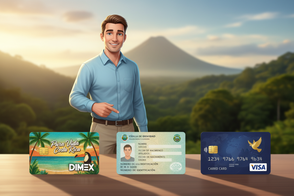 A detailed illustration showcasing the differences between a DIMEX card, a Cedula, and a Visa card, with each card distinctly visible in the foreground. The DIMEX card, labeled with "Pura Vida Costa Rica," should be positioned prominently, featuring bright colors and a textured surface. Beside it, the Cedula card, depicted in muted tones but with clear identification features, and a Visa card, characterized by its blue and gold design. In the middle ground, include a professional Caucasian staff member in business casual attire, standing confidently while pointing at the cards, emphasizing their differences. The background should be a softly blurred Costa Rican landscape, with gentle lighting simulating a warm afternoon sun, creating a friendly and informative atmosphere. The image should capture attention while maintaining clarity and professionalism.