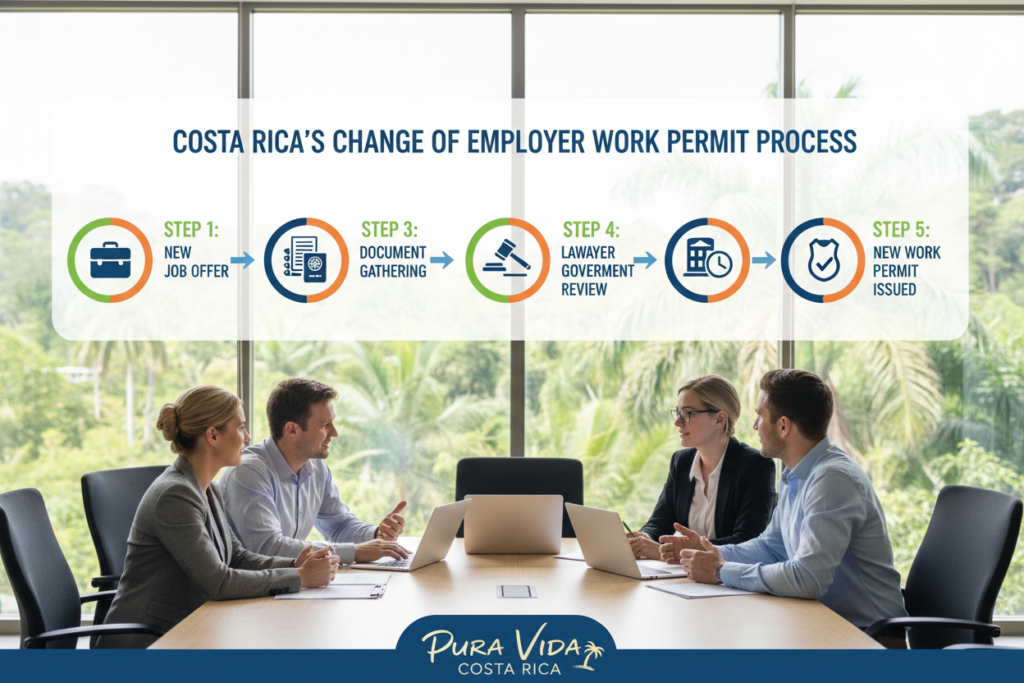 A detailed infographic representation of "Costa Rica's Change of Employer Work Permit Process." In the foreground, display a diverse group of Caucasian professionals dressed in business casual attire, such as polo shirts and button-downs, engaged in a discussion around a table. In the middle ground, illustrate a flowchart depicting steps in the change of employer process, including briefcase icons and document symbols for applications. The background features a soft-focus image of a typical Costa Rican office environment, with natural light streaming through large windows, lush greenery visible outside. The atmosphere should convey professionalism and clarity, with a vibrant color palette. Include the brand name "Pura Vida Costa Rica" subtly integrated into the design, ensuring it enhances the image without distracting from the main content.