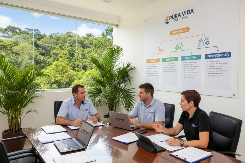 A detailed overview of Costa Rica residency categories, featuring a professional office setting. In the foreground, a diverse group of three Caucasian staff members dressed in business casual attire (polo and button-down shirts) is engaged in a discussion around a large table filled with documents and laptops showing the "Pura Vida Costa Rica" logo. In the middle ground, a large wall-mounted infographic visualizing different residency categories like "Pensionado," "Rentista," and "Inversionista" with illustrative icons and pathways. The background captures a bright and inviting office space with Costa Rican tropical plants and a large window showcasing lush greenery outside. Soft, natural lighting enhances a warm atmosphere, inviting viewers to navigate the details effectively.