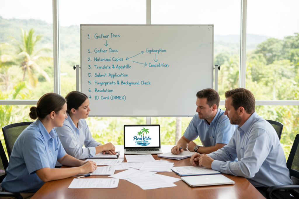 A detailed overview of the CRIE residency process in Costa Rica, featuring a clean, professional office setting as the foreground. In the center, a group of four Caucasian staff members in business casual attire (polo and button-down shirts) are intently discussing documents related to immigration procedures. The staff is engaged and collaborates over a table covered with printed forms and a laptop showing the "Pura Vida Costa Rica" logo. In the middle ground, a large whiteboard displays a flowchart outlining steps of the residency process, including notarized copies and application stages. The background features large windows allowing natural sunlight to fill the space, enhancing the bright and inviting atmosphere. Capture the mood of professionalism, efficiency, and clarity, with a slight lens blur for depth. A detailed overview of the CRIE residency process in Costa Rica, featuring a clean, professional office setting as the foreground. In the center, a group of four Caucasian staff members in business casual attire (polo and button-down shirts) are intently discussing documents related to immigration procedures. The staff is engaged and collaborates over a table covered with printed forms and a laptop showing the "Pura Vida Costa Rica" logo. In the middle ground, a large whiteboard displays a flowchart outlining steps of the residency process, including notarized copies and application stages. The background features large windows allowing natural sunlight to fill the space, enhancing the bright and inviting atmosphere. Capture the mood of professionalism, efficiency, and clarity, with a slight lens blur for depth.