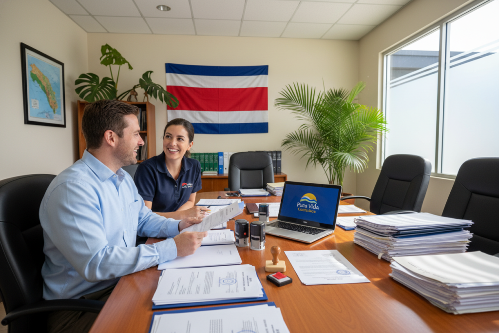 A detailed overview of the apostille process for Costa Rica, featuring a professional Caucasian business casual environment. In the foreground, a friendly team of two staff members is discussing the apostille procedure, dressed in polo shirts and button-downs, showing engagement and professionalism. The middle scene includes a large table filled with documents, stamps, and a laptop displaying the "Pura Vida Costa Rica" logo. The background depicts a subtly branded office space with Costa Rican elements, such as a national flag and tropical plants. Bright, natural lighting filters in from a window, creating an inviting and organized atmosphere. The overall mood is positive and collaborative, emphasizing the importance of clarity in the apostille process. A detailed overview of the apostille process for Costa Rica, featuring a professional Caucasian business casual environment. In the foreground, a friendly team of two staff members is discussing the apostille procedure, dressed in polo shirts and button-downs, showing engagement and professionalism. The middle scene includes a large table filled with documents, stamps, and a laptop displaying the "Pura Vida Costa Rica" logo. The background depicts a subtly branded office space with Costa Rican elements, such as a national flag and tropical plants. Bright, natural lighting filters in from a window, creating an inviting and organized atmosphere. The overall mood is positive and collaborative, emphasizing the importance of clarity in the apostille process.