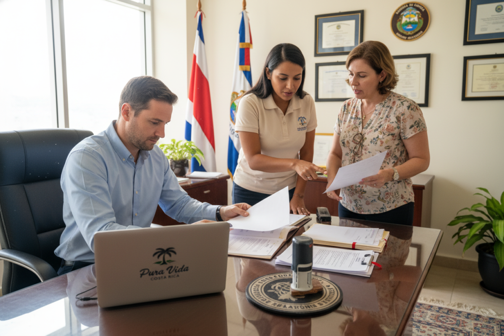 A detailed scene illustrating the document apostille process in Costa Rica, featuring a Caucasian professional working at a polished wooden desk. In the foreground, a focused individual in business casual attire (polo/button-down) is meticulously reviewing documents. The desk is adorned with a rubber stamp, a small stack of apostilled papers, and a laptop displaying the "Pura Vida Costa Rica" logo. In the middle ground, a second staff member is engaging in a conversation while pointing to an official document, indicating collaboration. The background showcases a well-lit office with Costa Rican flags and certificates on the wall, evoking a sense of professionalism and warmth. Dust motes dance in the soft, natural light coming from a window, creating an inviting atmosphere as they navigate the apostille process for residency documents.