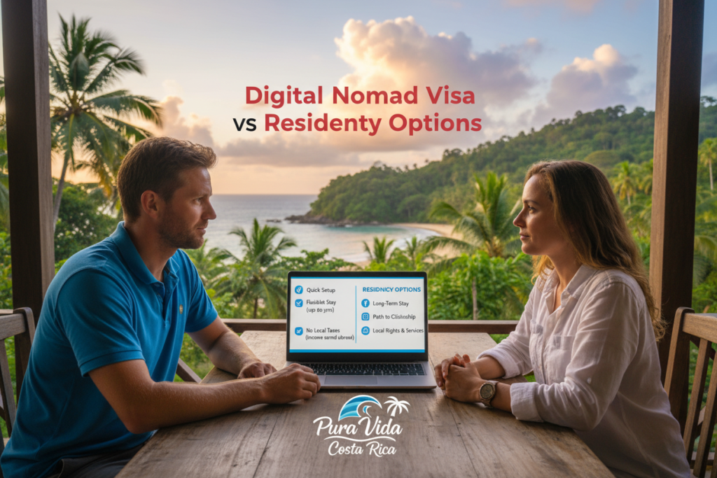 A digital comparison scene illustrating "Digital Nomad Visa vs. Residency Options" in Costa Rica. In the foreground, a Caucasian male and female in professional business casual attire (polo/button-down shirts) are engaged in a discussion with a laptop open in front of them, showcasing a split-screen graphic highlighting benefits of each option. In the middle ground, a backdrop of iconic Costa Rican scenery, including lush green landscapes, palm trees, and a glimpse of the beach, conveys the allure of the location. The background features soft clouds with tropical colors reflecting the warmth of the sun, creating an inviting atmosphere. The lighting is bright, emphasizing the professional and relaxed vibe of the digital nomad lifestyle. Subtly include the brand name "Pura Vida Costa Rica" integrated into the scene, enhancing the theme of exploration and opportunity.