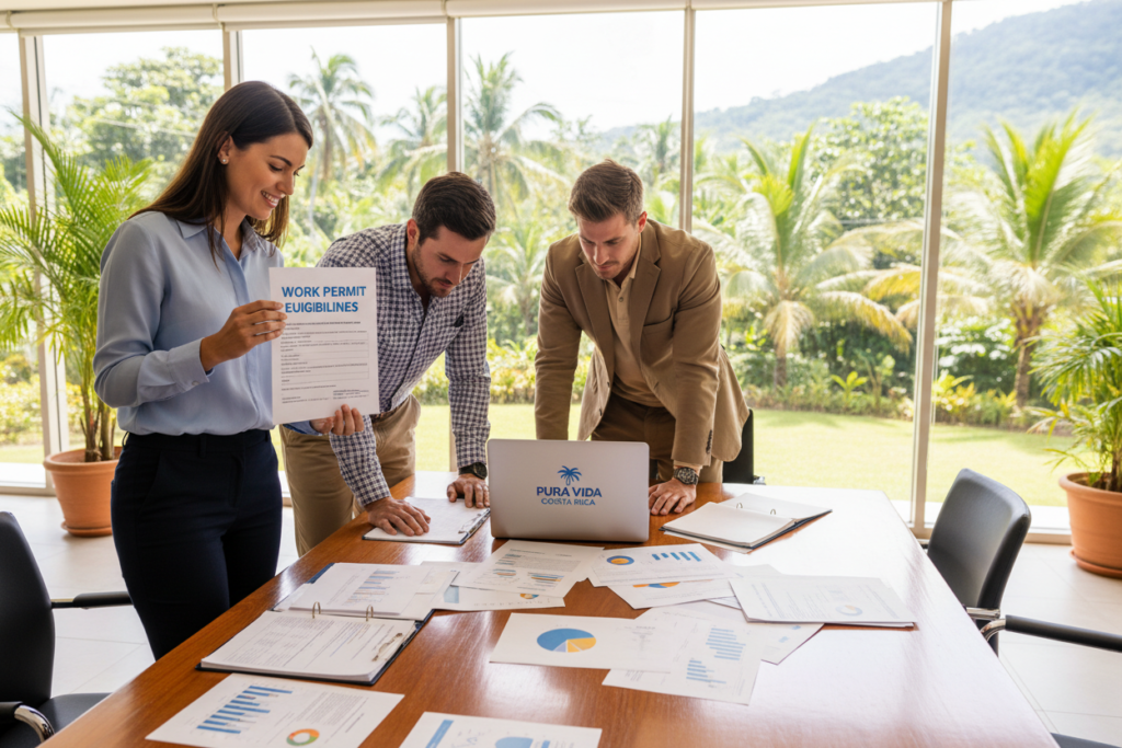 A diverse group of three Caucasian professionals, depicted in business casual attire, engaged in a discussion around a table filled with documents symbolizing Costa Rica's work permit eligibility process. The foreground should focus on a woman holding a document titled “Work Permit Eligibility Guidelines.” The middle ground features two men attentively reviewing the paperwork, with a laptop showing the "Pura Vida Costa Rica" brand logo. The background includes a bright, tropical office environment with lush plants visible through large windows, creating an inviting and productive atmosphere. The lighting is warm and natural, accentuating the sense of collaboration and positivity. The camera angle is slightly elevated, providing a clear view of the team working together.