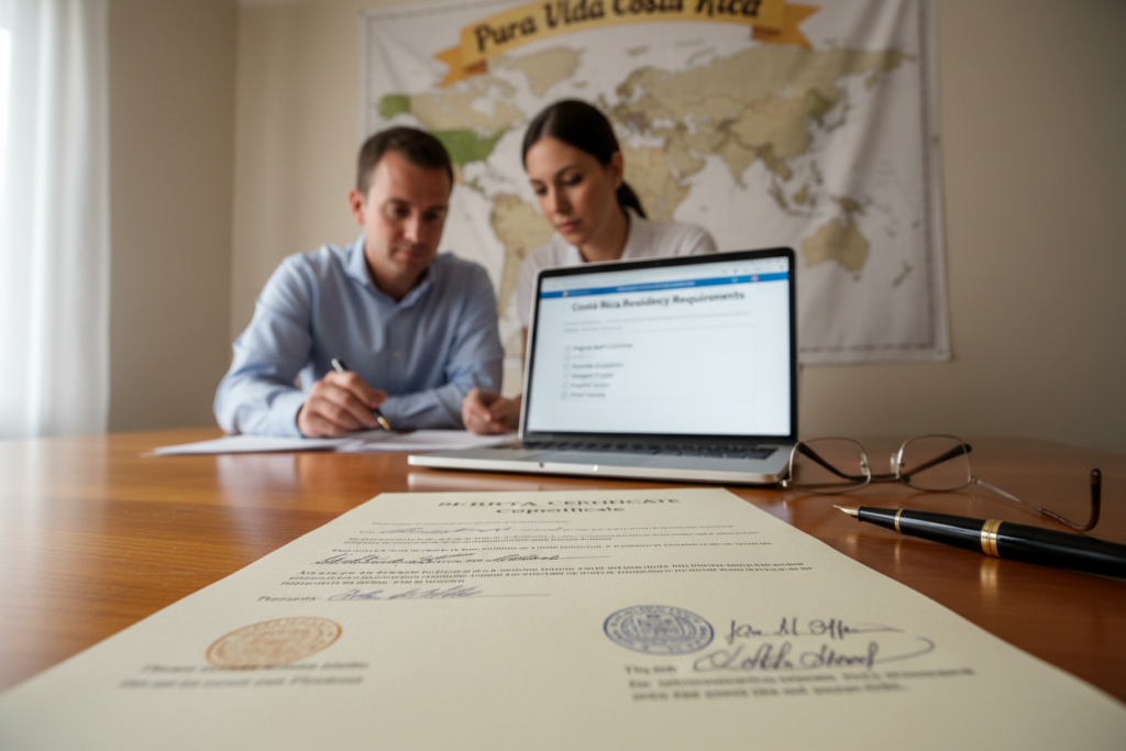 A focused, detailed image of a birth certificate apostille on a polished wooden desk. In the foreground, the apostille is prominently displayed, featuring intricate embossed seals and official signatures, while a pair of reading glasses and a fountain pen lie beside it. The middle layer shows a laptop opened to a page about Costa Rica residency requirements, with a digital checklist partially visible. In the background, a softly blurred map of Costa Rica is visible on the wall, accentuating the theme of international document verification. The lighting is warm and inviting, casting gentle shadows, evoking a sense of professionalism and preparation. The staff, a Caucasian male in a button-down shirt and a Caucasian female in a smart polo shirt, are reviewing documents, representing the theme of preparing documents from home for a Costa Rican residency, under the banner of "Pura Vida Costa Rica."