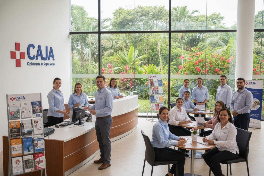 A modern and welcoming office environment representing the CAJA Costarricense de Seguro Social system in Costa Rica. In the foreground, a diverse group of professional staff, including Caucasian individuals in business casual attire (polo/button-down shirts), are engaged in conversation and assisting clients. The middle ground features a reception area with informative brochures about the CAJA system prominently displayed. In the background, large windows allow natural light to flood the space, highlighting a lively tropical garden, symbolizing the essence of "Pura Vida Costa Rica." The atmosphere is friendly and professional, aiming to convey trust and accessibility. The scene is captured with a focus on soft, diffused lighting and a slightly elevated angle, promoting a sense of openness and community.