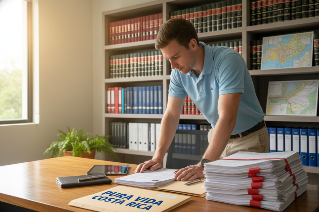 A modern office setting focused on document preparation for Costa Rica residency. In the foreground, a Caucasian staff member in business casual attire (polo shirt and khakis) is reviewing residency documents on a sleek wooden desk. In the middle, a stack of certified translation papers is neatly placed next to a high-quality pen, with a visible document folder labeled "Pura Vida Costa Rica." The background features a well-organized bookshelf filled with legal books and Costa Rican maps, with soft, natural light streaming through a window to create a warm and inviting atmosphere. The overall mood is professional and focused, capturing the essentials of document preparation and certified translation.