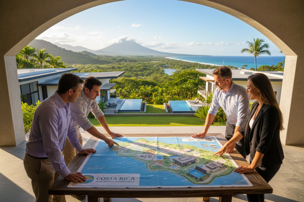 A picturesque scene depicting the pathway to Costa Rica investor residency through real estate. In the foreground, a diverse group of professional individuals in business casual attire, including two Caucasian staff members wearing polo shirts and button-downs, engage in discussion over a detailed property map showcasing tropical real estate opportunities. The middle ground features vibrant greenery, modern real estate properties with lush gardens, and panoramic views of Costa Rica's stunning landscapes. In the background, a clear blue sky brightens the scene, illuminating a serene beach coastline. The atmosphere is hopeful and inviting, capturing the essence of 'Pura Vida Costa Rica'. The lighting is warm and natural, mimicking late afternoon sunshine, creating a welcoming and professional ambiance perfect for potential investors.