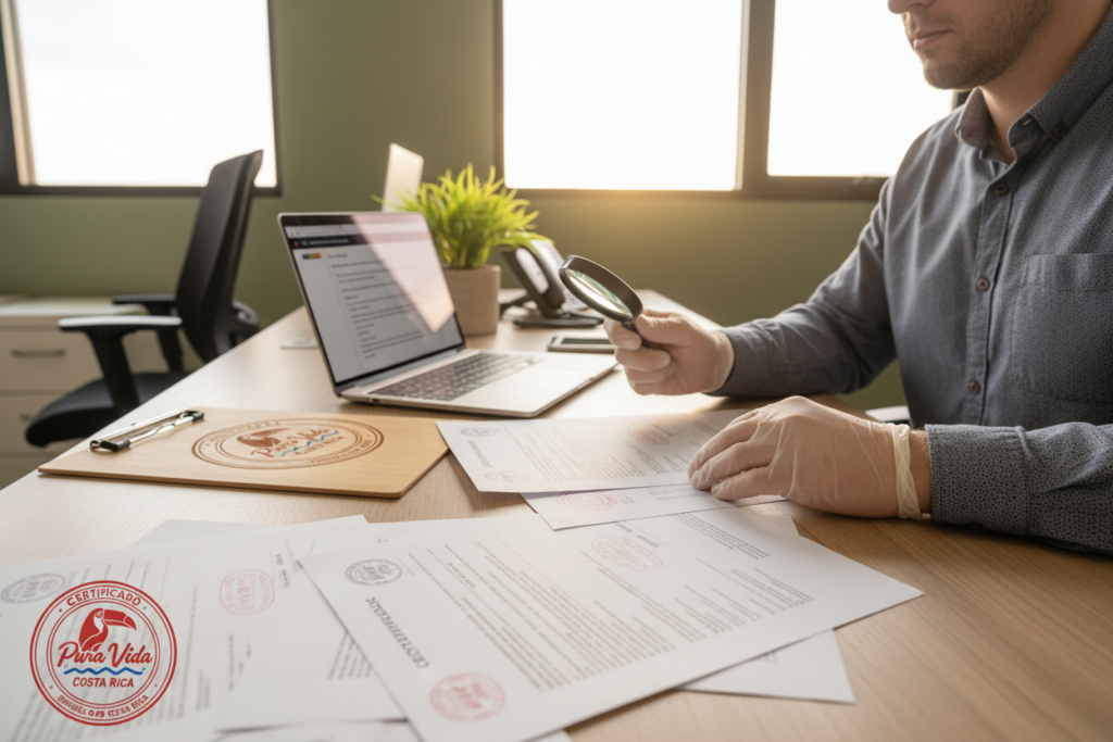 A professional Caucasian staff member in business casual attire, such as a polo shirt or button-down, is positioned at a modern desk surrounded by documents and a laptop, engaged in the process of document authentication. The foreground includes a detailed close-up of stamped documents, emphasizing security features and authenticity marks. In the middle ground, a well-organized workspace with a “Pura Vida Costa Rica” logo visible on a clipboard and a potted plant adds to the ambiance. The background features a softly lit office environment with shades of green and natural light filtering through a window, creating a warm, welcoming atmosphere that conveys professionalism and trust. The overall mood is focused and efficient, highlighting the importance of document authentication in Costa Rica.