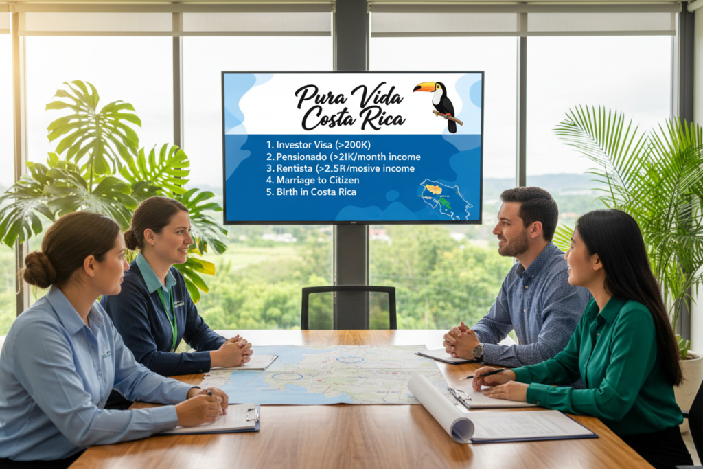 A professional and informative setting illustrating the eligibility criteria for Costa Rica residency. In the foreground, a group of diverse individuals, including Caucasian staff, are engaged in a discussion. They are dressed in business casual attire, featuring polo shirts and button-downs, standing around a table covered with detailed documents and maps that depict Costa Rica. In the middle ground, a large screen displays key points about residency eligibility criteria, prominently showcasing the brand "Pura Vida Costa Rica." The background features tropical plants and a well-lit office environment, enhancing the atmosphere of professionalism and warmth. The lighting is soft and inviting, with natural light filtering through large windows, emphasizing the friendly and welcoming nature of Costa Rica.