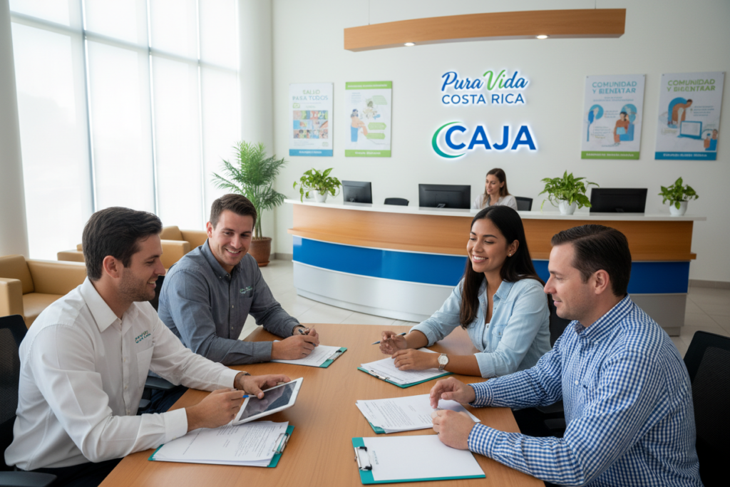 A professional and welcoming office setting for the CAJA registration process in Costa Rica. In the foreground, a diverse group of Caucasian staff members in business casual attire—polo shirts and button-downs—are assisting a young couple, guiding them through paperwork. The middle ground features a large, welcoming reception desk with CAJA branding, showcasing the "Pura Vida Costa Rica" logo prominently. In the background, there are motivational posters about health and community well-being. Natural light floods the room through large windows, creating an inviting atmosphere. The angle captures both the staff's engagement and the couple’s expressions of reassurance and optimism, emphasizing a supportive and professional environment.