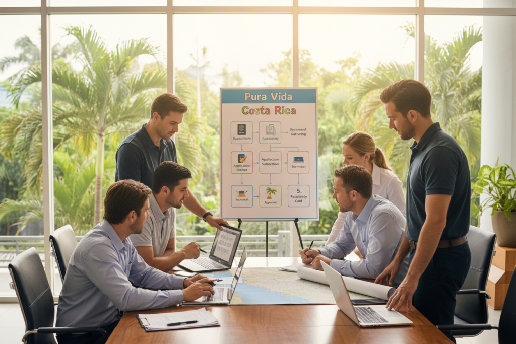 A professional business setting focusing on the steps for securing residency in Costa Rica. In the foreground, a diverse group of Caucasian professionals in business casual attire (polo shirts and button-downs) is gathered around a table with documents, laptops, and a Costa Rica map. The middle ground features a large poster with a visual flowchart illustrating the steps to apply for residency, labeled “Pura Vida Costa Rica”. The background shows a spacious office with large windows, sunlight streaming in, and tropical plants visible outside, creating a warm and inviting atmosphere. The image captures a sense of collaboration and clarity, with a clean and organized look, ideally shot from a slightly elevated angle to include all elements harmoniously.