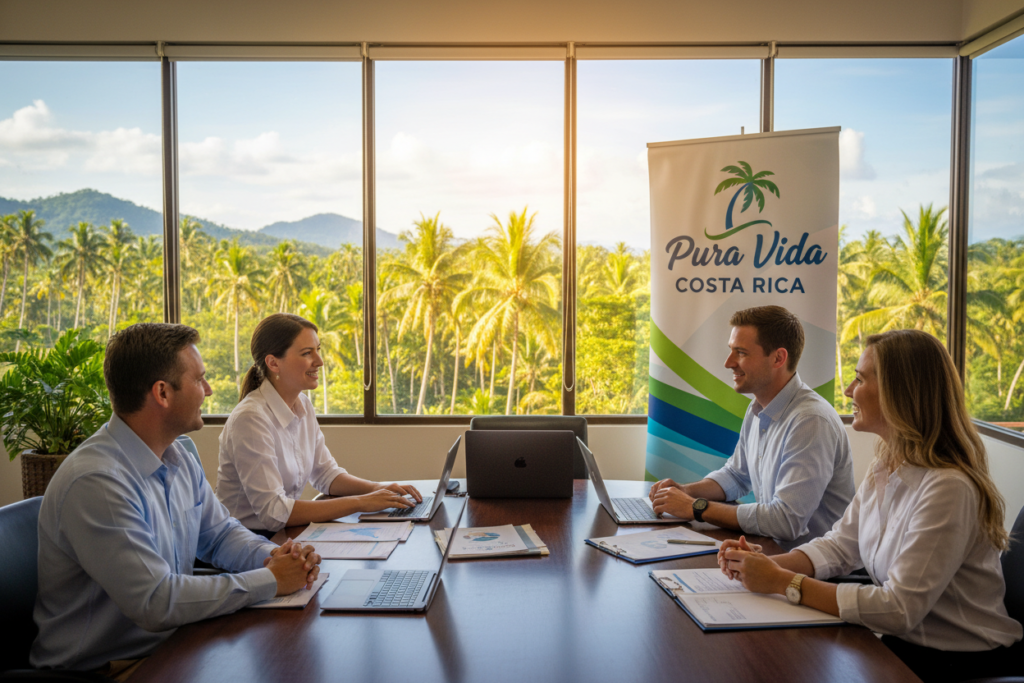 A professional business setting showcasing a welcoming investment office in Costa Rica. In the foreground, a diverse group of Caucasian professionals in business casual attire (polo and button-down shirts) discuss over a table covered with investment documents. The middle ground features a large window that reveals a lush, tropical landscape with palm trees and rolling hills under a bright, sunny sky. In the background, a banner with the brand name "Pura Vida Costa Rica" is prominently displayed on the wall. The lighting is warm and inviting, emphasizing a positive atmosphere for potential investors. The overall mood reflects professionalism and opportunity in a vibrant Costa Rican environment, perfect for illustrating the theme of investment and residency eligibility.