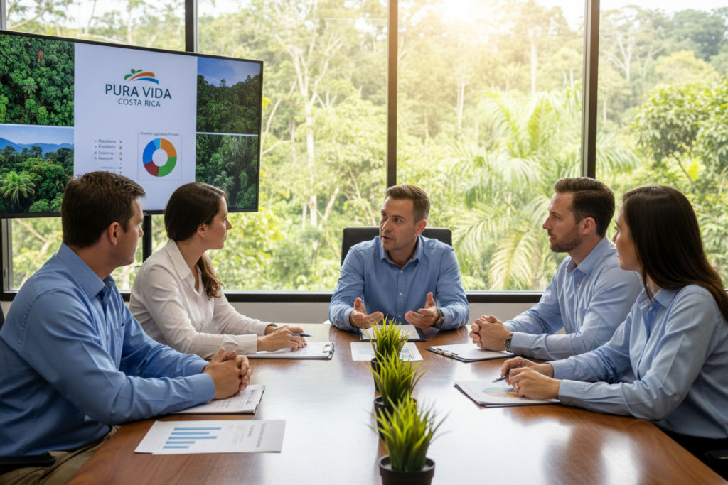 A professional business setting with a team of Caucasian staff in button-down shirts and polo shirts discussing the eligibility criteria for Costa Rica residency in a modern office. In the foreground, a well-organized table displays documents and charts about reforestation efforts. The middle ground features a large window with lush tropical greenery visible outside, symbolizing Costa Rica's natural beauty. The background has a digital screen displaying the brand name "Pura Vida Costa Rica" alongside visuals of reforested landscapes. Soft, natural lighting filters through the window, creating a warm and inviting atmosphere. The mood should be focused, informative, and visually engaging, emphasizing the important criteria for residency qualification and the theme of environmental sustainability.