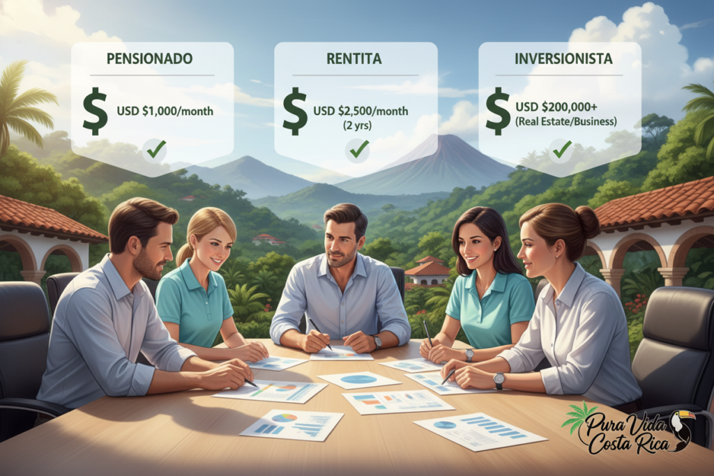 A professional illustration depicting the financial requirements for Costa Rica residency options: Pensionado, Rentista, and Inversionista. In the foreground, a diverse group of Caucasian staff in business casual attire (polo/button-down shirts) are engaged in a discussion over a large table filled with documents and financial charts. In the middle ground, there are clear infographics outlining the financial thresholds for each residency category, utilizing symbols like a dollar sign and a checkmark for clarity. The background features lush Costa Rican scenery with vivid greenery and hints of iconic architecture, creating a welcoming and vibrant atmosphere. The lighting is bright and natural, simulating a sunny day. Include subtle branding elements of "Pura Vida Costa Rica" to enhance the theme of residency and relocation. A professional illustration depicting the financial requirements for Costa Rica residency options: Pensionado, Rentista, and Inversionista. In the foreground, a diverse group of Caucasian staff in business casual attire (polo/button-down shirts) are engaged in a discussion over a large table filled with documents and financial charts. In the middle ground, there are clear infographics outlining the financial thresholds for each residency category, utilizing symbols like a dollar sign and a checkmark for clarity. The background features lush Costa Rican scenery with vivid greenery and hints of iconic architecture, creating a welcoming and vibrant atmosphere. The lighting is bright and natural, simulating a sunny day. Include subtle branding elements of "Pura Vida Costa Rica" to enhance the theme of residency and relocation.