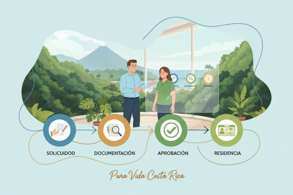 A professional illustration of the CRIE immigration process overview for Costa Rica, featuring a stylized flowchart design. In the foreground, include a well-organized series of steps depicted with clear, visually engaging icons representing each stage: application, documentation, approval, and residency. The middle ground shows a modern office setting with two Caucasian staff members in business casual attire (polo/button-down shirts) discussing the process, surrounded by tropical plants to evoke a Costa Rican ambiance. The background features an artistic rendition of iconic Costa Rican elements, such as lush greenery and the silhouette of a volcano. Soft, natural lighting floods the scene, creating a calm and informative atmosphere, embodying the essence of "Pura Vida Costa Rica."