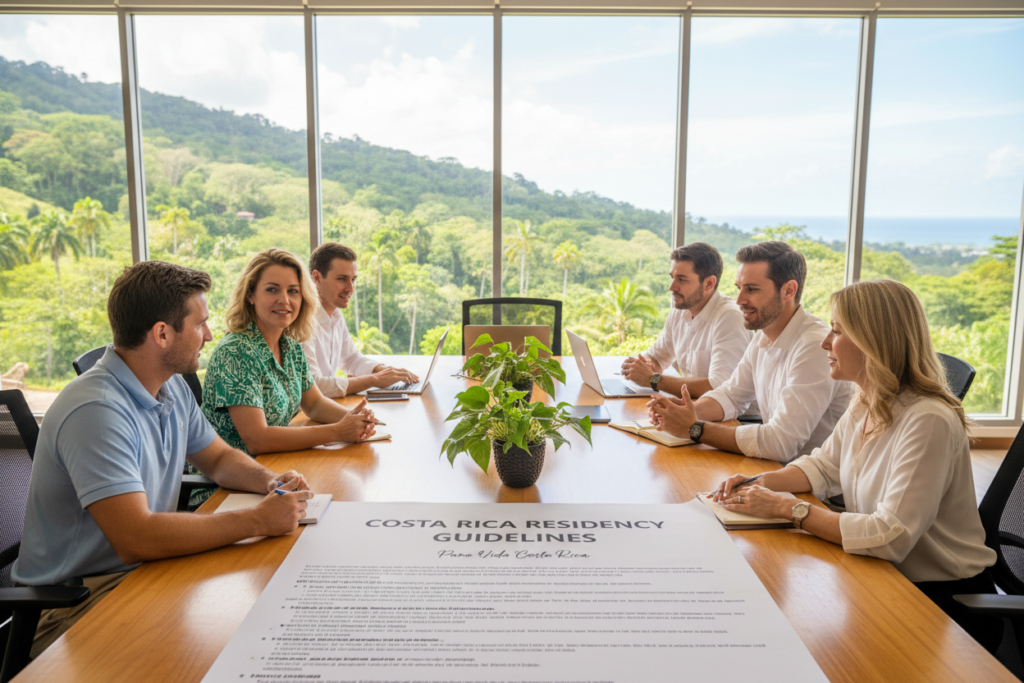 A professional office environment in Costa Rica, showcasing a diverse group of Caucasian staff in business casual attire (polo and button-down shirts) discussing residency guidelines. In the foreground, a large, open document with the title "Costa Rica Residency Guidelines" and the brand name "Pura Vida Costa Rica" clearly visible. The middle ground features a modern conference table with laptops, documents, and tropical plants, creating a lively yet focused atmosphere. In the background, large windows reveal a sunlit view of Costa Rican scenery with lush greenery, enhancing the feeling of a vibrant culture. Natural lighting streams in, casting soft shadows and illuminating the scene, emphasizing collaboration and understanding of immigration guidelines. The mood is professional, welcoming, and informative, perfect for illustrating the subject matter at hand.