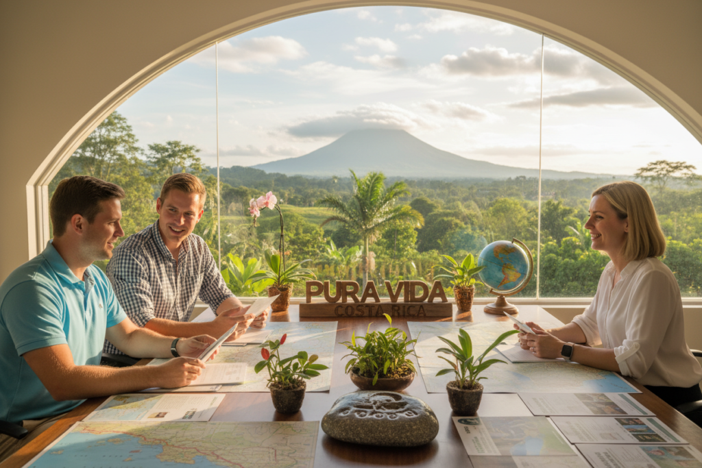 A professional office setting depicting the options for residency in Costa Rica. In the foreground, a diverse group of Caucasian professionals dressed in business casual attire (polo shirts and button-downs) are engaged in a collaborative discussion, surrounded by documents and a laptop. The middle layer shows a large table with maps and brochures featuring various residency pathways like retirement and investment options. In the background, a large window reveals a scenic view of lush Costa Rican landscapes, symbolizing the warm, inviting nature of the country. The atmosphere is bright and optimistic, filled with natural light filtering through the window, creating a welcoming ambiance. The words "Pura Vida Costa Rica" subtly integrated into the scene without text overlays, emphasizing the essence of Costa Rican life.