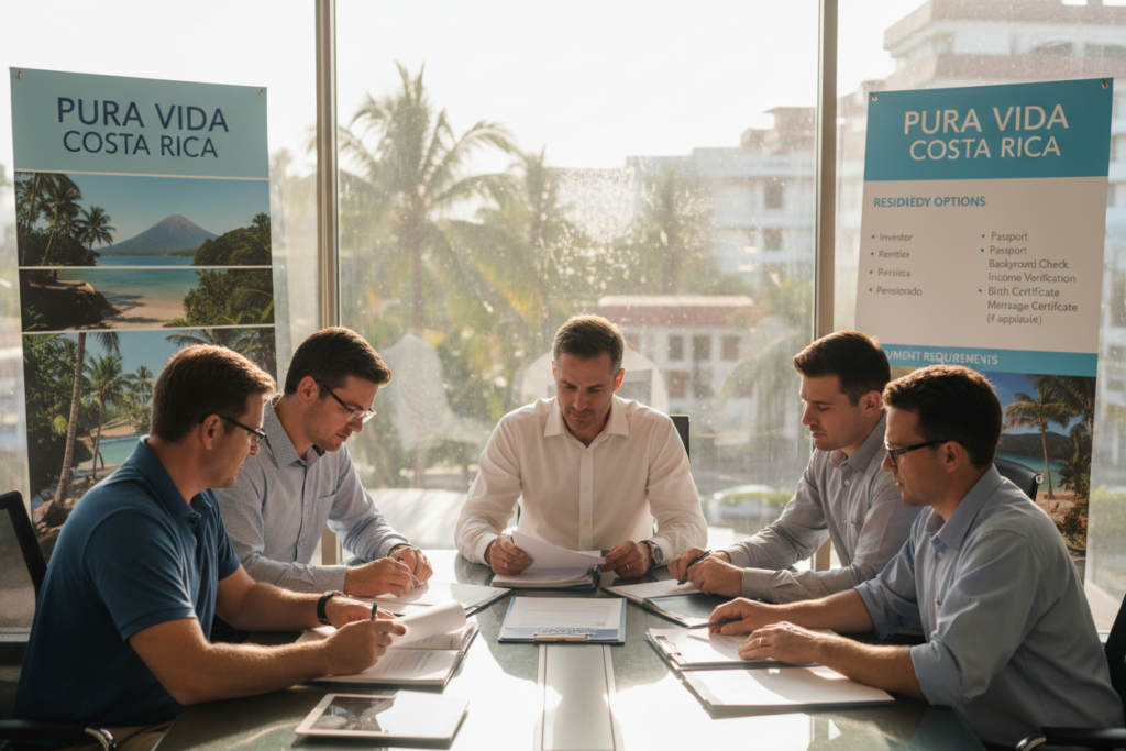 A professional office setting illustrating "Understanding Costa Rican residency and your document needs." In the foreground, a diverse group of Caucasian professionals dressed in business casual attire (polo shirts and button-downs) is gathered around a modern conference table, reviewing documents related to residency programs in Costa Rica. Midground includes charts and brochures showcasing the "Pura Vida Costa Rica" brand, depicting the tranquil beauty of Costa Rica’s landscapes. The background features a large window with natural sunlight pouring in, creating a warm and inviting atmosphere. The lighting is soft yet bright, enhancing the professionalism of the scene. The angle is slightly elevated, capturing both the engaged expressions of the staff and the details of the documents on the table, inviting viewers into the discussion about residency requirements.