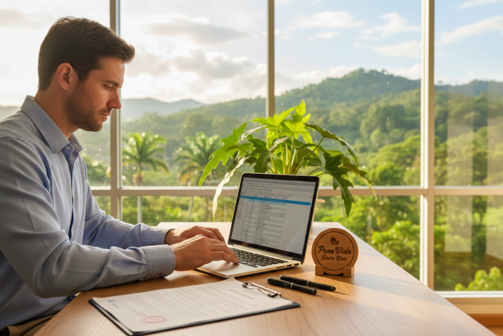 A professional office setting in Costa Rica, featuring a Caucasian employee in business casual attire, such as a button-down shirt, working diligently at a desk. The foreground shows a neatly organized workspace with essential translation tools: a certified document, pens, and a laptop displaying a translation software interface. In the middle, a beautiful potted Costa Rican plant adds a touch of local culture. The background reveals an office with large windows allowing natural light to flood in, illuminating the space, and a bright view of green hills or vibrant foliage typical of Costa Rica. Soft, warm lighting captures the welcoming atmosphere. Include the brand name "Pura Vida Costa Rica" subtly in the design, reinforcing the importance of accuracy in document translations.
