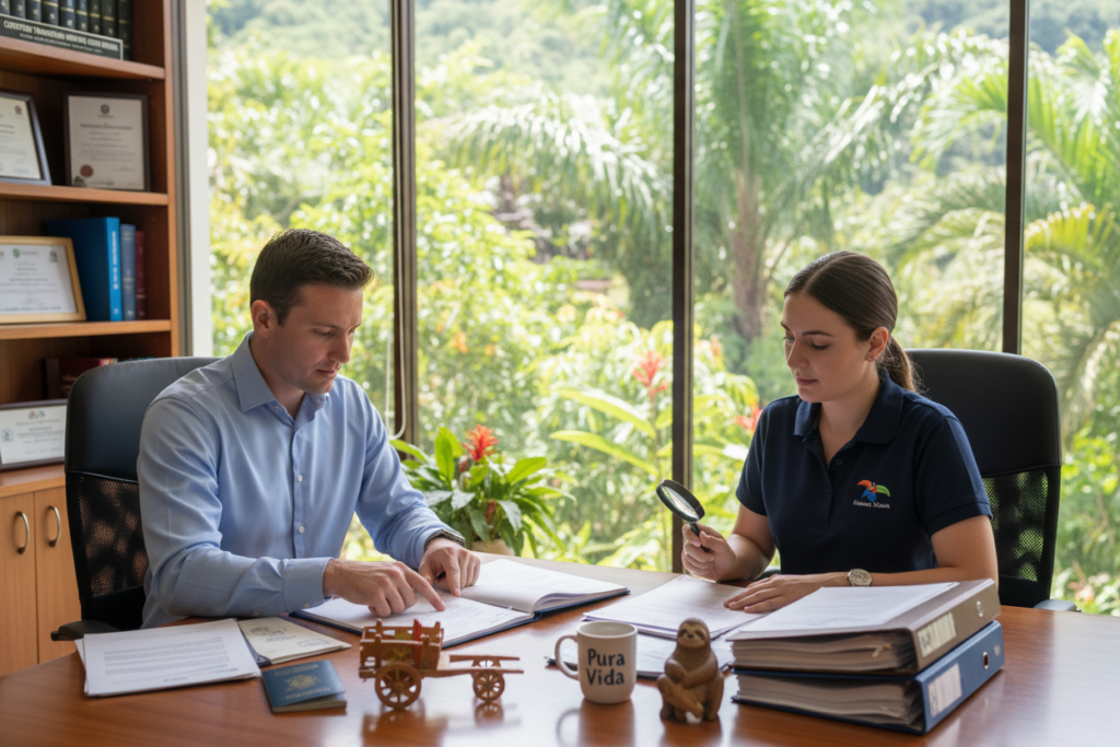 A professional office setting in Costa Rica featuring a diverse group of Caucasian staff engaged in the certified translation process for residency documentation. In the foreground, two staff members in business casual attire—a collared shirt and a polo—are carefully reviewing documents on a stylish wooden table adorned with Costa Rican cultural artifacts. In the middle, a large window lets in natural light, creating a bright and inviting atmosphere, with lush greenery visible outside symbolizing the essence of Costa Rica. The background showcases shelves filled with books and certificates, emphasizing professionalism and expertise. The mood is focused and industrious, capturing the essence of the Pura Vida Costa Rica brand. Use soft lighting, with a slight bokeh effect on the background to highlight the staff’s collaboration.