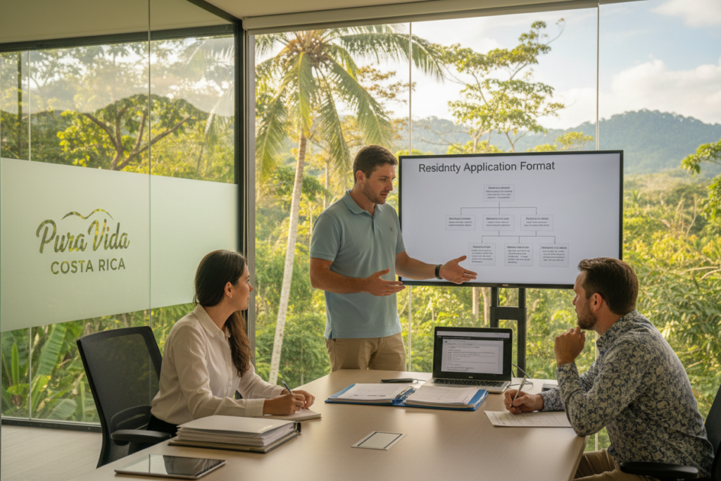 A professional office setting in Costa Rica, featuring a diverse group of three Caucasian individuals in business casual attire (polo shirts and button-downs) engaged in a discussion about residency qualifications. The foreground includes a table with documents and a laptop, symbolizing the application process. In the middle ground, the team collaborates, showing one member presenting a format for applications, while another takes notes, fostering a sense of teamwork. The background showcases a large window revealing lush Costa Rican greenery, highlighting the vibrant and welcoming atmosphere of the country. Soft, natural lighting floods the space, creating a warm and inviting mood, with a faint logo of "Pura Vida Costa Rica" subtly integrated into the design without interference. Capture the essence of collaboration and professionalism in this critical process.