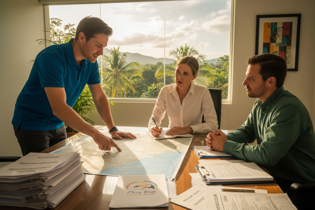A professional office setting in Costa Rica, featuring a group of three Caucasian staff members in business casual attire (polo shirts and button-downs) discussing a large map of the country. In the foreground, a man points to a section of the map, symbolizing residency in Costa Rica, while a woman takes notes, reflecting concern. The middle ground shows a table cluttered with documents labeled with common residency denial reasons, like “income issues” and “insufficient documentation.” The background displays an office window with a tropical landscape, capturing the essence of Costa Rica. The lighting is warm and inviting, creating a sense of hope and determination. The atmosphere emphasizes understanding and collaboration with a “Pura Vida Costa Rica” logo subtly placed on a document on the table.
