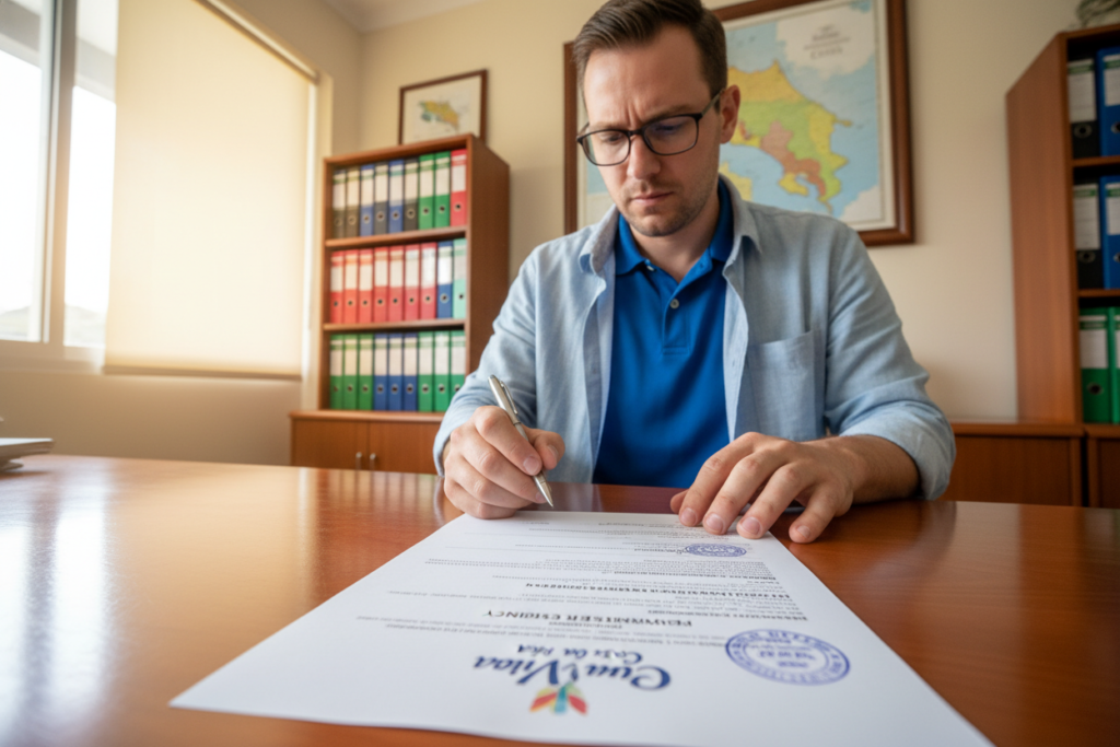 A professional office setting in Costa Rica, showcasing a Caucasian staff member in business casual attire (polo and button-down shirt) sitting at a desk, reviewing a Costa Rica residency document. The foreground features a close-up of the residency document with visible details, like the Pura Vida Costa Rica brand logo and official markings. In the middle, the staff member is focused and looking at the document with a thoughtful expression, emphasizing the verification process. The background reveals shelves with organizational files and a map of Costa Rica, with warm, soft lighting to create an inviting atmosphere. The camera angle is slightly above eye level to capture the document in detail while maintaining a sense of professionalism.