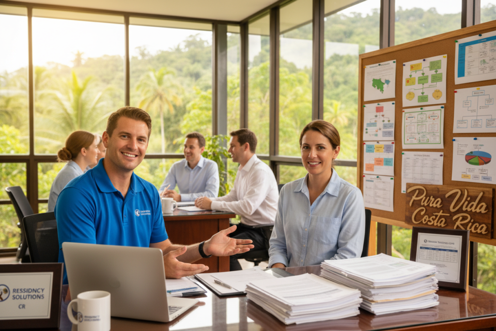 A professional office setting in Costa Rica, showcasing a diverse group of Caucasian staff members dressed in business casual attire (polo shirts and button-downs). In the foreground, a friendly advisor is interacting with a client, with paperwork and a laptop on a polished wooden desk displaying various residency categories like retiree, investor, and work permits. In the middle ground, visual elements include a bulletin board filled with informational charts and maps about Costa Rica's residency options, alongside a decorative sign that reads "Pura Vida Costa Rica". The background features large windows with lush greenery outside, filtering warm, natural light into the room. The overall mood is welcoming and professional, emphasizing the assistance available for those looking to obtain residency in Costa Rica.