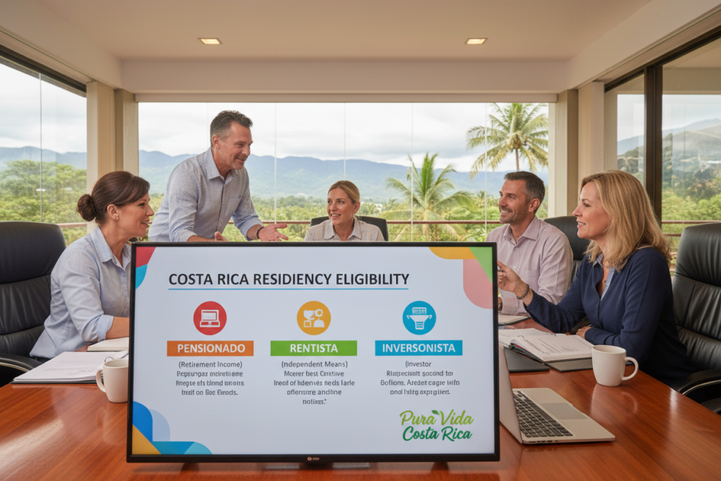 A professional office setting showcasing a diverse group of Caucasian staff members in business casual attire (polo/button-down shirts) engaged in a discussion about Costa Rica residency eligibility categories. The foreground features a large, detailed infographic on a digital screen displaying key categories of residency like Pensionado, Rentista, and Inversionista. In the middle, colleagues are gathered around a conference table filled with paperwork and a laptop. The background includes a window with a view of a lush tropical landscape symbolizing Costa Rica, with soft ambient lighting enhancing the atmosphere. The brand name "Pura Vida Costa Rica" is subtly incorporated into the infographic. The overall mood is informative and collaborative, reflecting a professional yet relaxed environment.