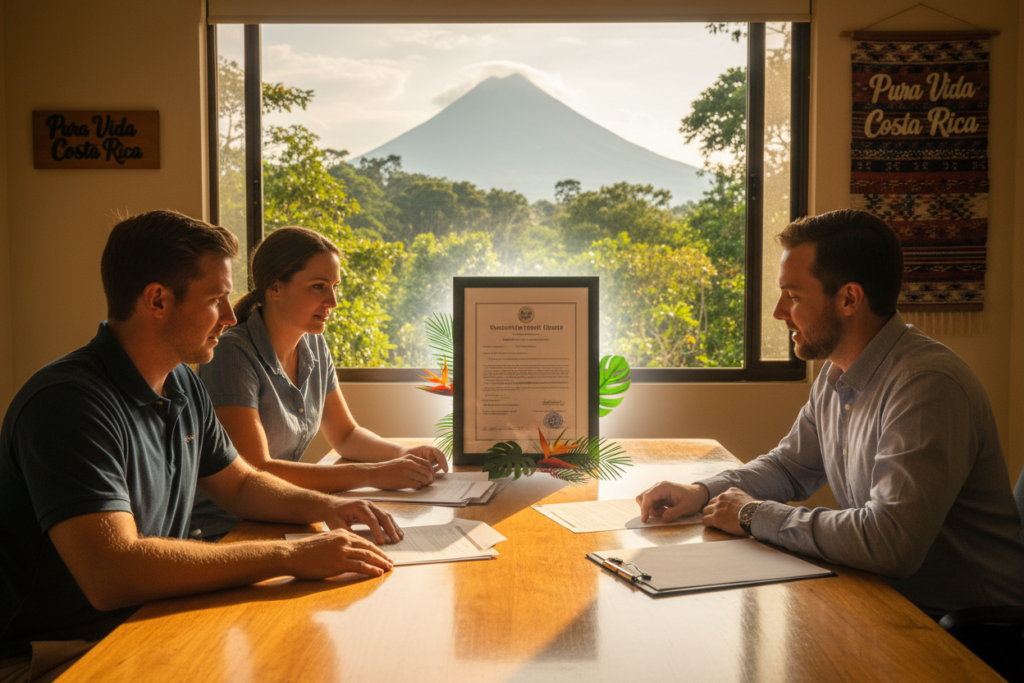 A professional office setting that reflects the essence of Costa Rica's residency requirements. In the foreground, a diverse group of three Caucasian individuals in business casual attire (polo and button-down shirts, no ties or jackets) engaged in discussion at a table with documents spread out. In the middle, a visual representation of a marriage certificate, subtly highlighted with a vibrant tropical backdrop, symbolizing Costa Rican culture. The background showcases lush greenery and a faint silhouette of an iconic Costa Rican landmark, creating a serene atmosphere. The lighting is warm and inviting, evoking a sense of professionalism and approachability. Include the branding "Pura Vida Costa Rica" in the decor of the office, enhancing the local flavor. The overall mood is informative, encouraging, and welcoming.