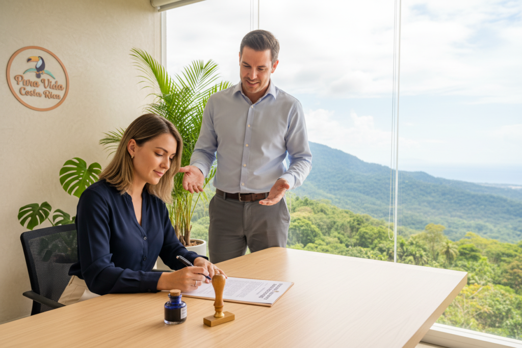 A professional office setting with a focus on the process of notarizing residency documents for Costa Rica. In the foreground, a focused Caucasian woman in business casual attire, seated at a sleek wooden desk, carefully examining a document with a pen in hand. Next to her, a clear glass ink bottle and a traditional ink stamp. In the middle ground, a Caucasian man in similar attire stands beside her, providing assistance and guidance on the documents. Behind them, a large window allows natural light to flood the room, illuminating decorative elements like tropical plants and a view of Costa Rican landscapes. Subtly displayed on the wall is the brand logo "Pura Vida Costa Rica". The atmosphere is professional yet warm, evoking a sense of trust and clarity in the residency notarization process. A professional office setting with a focus on the process of notarizing residency documents for Costa Rica. In the foreground, a focused Caucasian woman in business casual attire, seated at a sleek wooden desk, carefully examining a document with a pen in hand. Next to her, a clear glass ink bottle and a traditional ink stamp. In the middle ground, a Caucasian man in similar attire stands beside her, providing assistance and guidance on the documents. Behind them, a large window allows natural light to flood the room, illuminating decorative elements like tropical plants and a view of Costa Rican landscapes. Subtly displayed on the wall is the brand logo "Pura Vida Costa Rica". The atmosphere is professional yet warm, evoking a sense of trust and clarity in the residency notarization process.