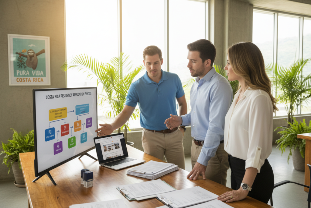 A professional setting depicting an overview of the Costa Rica residency application process. In the foreground, focus on a diverse group of three Caucasian staff members dressed in business casual attire, such as polos and button-down shirts, engaged in a discussion over a large, detailed infographic outlining the residency process. In the middle ground, include elements like documents and a laptop showing the CRIE website (crie.cr) on the screen. The background features a modern office environment with potted plants and Costa Rican-inspired decorations, such as a "Pura Vida Costa Rica" poster on the wall. Soft, natural lighting comes from large windows, creating a warm and welcoming atmosphere that emphasizes collaboration and clarity in discussing residency processes.