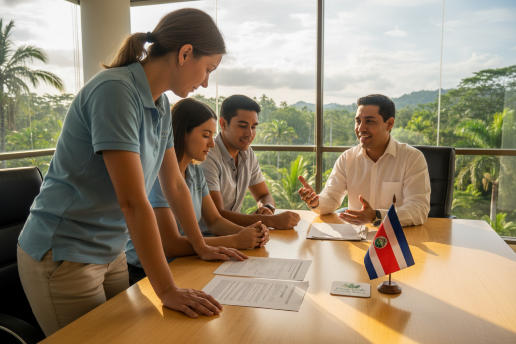 A professional setting illustrating eligibility for Costa Rica residency, featuring a diverse group of people, including a Caucasian woman in business casual attire (polo/button-down) reviewing residency documents at a modern, well-lit office table. The foreground showcases papers labeled with “Residency Application” and “Eligibility Criteria” accompanied by a Costa Rican flag and the brand logo "Pura Vida Costa Rica". In the middle, a cheerful male advisor gestures toward the documents, engaged in conversation. The background highlights large windows offering a view of lush Costa Rican greenery and a bright sky, creating an inviting atmosphere. The warm lighting enhances a sense of hope and opportunity, while the angle captures the interaction between the advisor and the applicants, focusing on the theme of guidance and support.