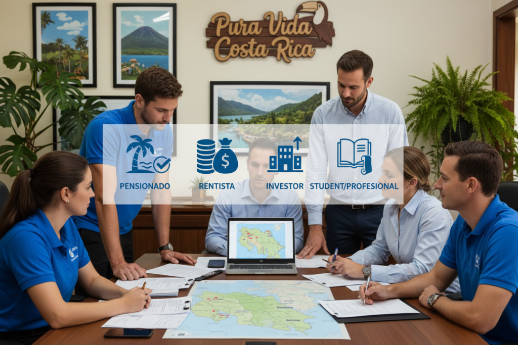 A professional setting showcasing Costa Rica's residency categories, featuring a visually appealing layout with icons representing various residency types like pensionado, rentista, and investor. In the foreground, a diverse group of Caucasian staff dressed in business casual attire, such as polo shirts and button-downs, discuss over a table filled with documents and a laptop displaying a Costa Rica map. The middle ground includes clear, colorful icons symbolizing each residency category, positioned in an organized manner. In the background, a softly lit office space adorned with tropical plants and Costa Rican landscapes, evoking a warm, welcoming atmosphere. The scene should convey professionalism and clarity, while subtly incorporating "Pura Vida Costa Rica" branding in the decor, ensuring a cohesive look.