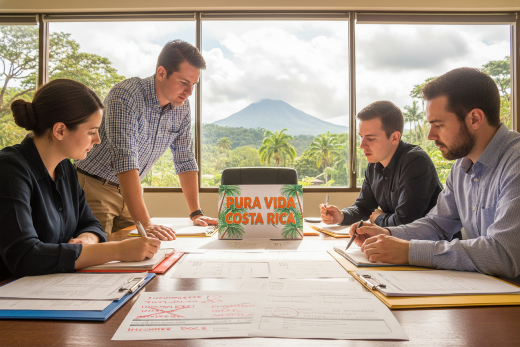 A professional workspace showcasing a diverse group of Caucasian staff in business casual attire, including polo shirts and button-downs, gathered around a table filled with various documents related to Costa Rica residency applications. The foreground displays close-up details of common document errors, such as crossed-out sections, notes, and red circles around mistakes. In the middle, the team discusses these errors with serious expressions, pointing at a large document titled "Pura Vida Costa Rica." The background features a tropical Costa Rican landscape visible through windows, with bright natural lighting illuminating the scene, creating an atmosphere of diligence and focus. The image captures the essence of teamwork in identifying and correcting residency application errors.