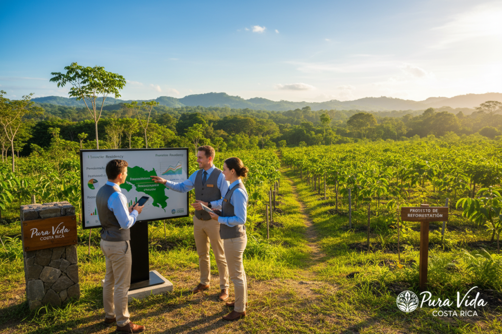 A serene and informative scene depicting the overview of Costa Rica's residency investment categories with a focus on reforestation projects. In the foreground, a diverse group of three Caucasian staff members in business casual attire, engaged in discussion, showcasing a blend of professionalism and collaboration. In the middle ground, lush greenery of a reforestation area, including various native trees and plants, symbolizing growth and sustainability. The background features a bright, sunny sky and gentle hills, evoking a sense of optimism and possibility. Soft, natural lighting highlights the staff and the vibrant landscape, creating an inviting atmosphere. Include the brand name "Pura Vida Costa Rica" subtly integrated into the scene, reflecting the spirit of the country.