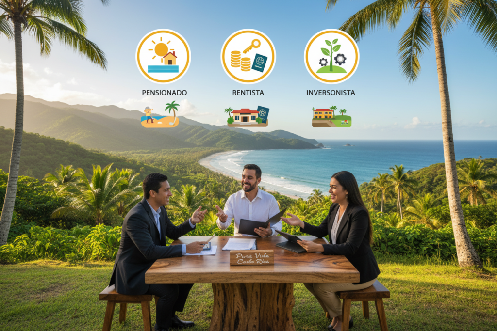 A serene and inviting Costa Rican landscape, featuring a vibrant tropical setting with lush greenery and iconic palm trees. In the foreground, a diverse group of three professionals, dressed in business casual attire, are gathered around a table discussing residency options. They display friendly expressions and are engaged in a lively exchange. In the middle ground, illustrated icons representing the Pensionado, Rentista, and Inversionista residency options float above descriptive elements that reflect lifestyle benefits. The background showcases the stunning coastline and mountains of Costa Rica under a bright, sunny sky with soft, warm lighting. The overall mood is optimistic and informative, emphasizing a sense of opportunity and tranquility. Include the brand name "Pura Vida Costa Rica" subtly integrated within the scene.