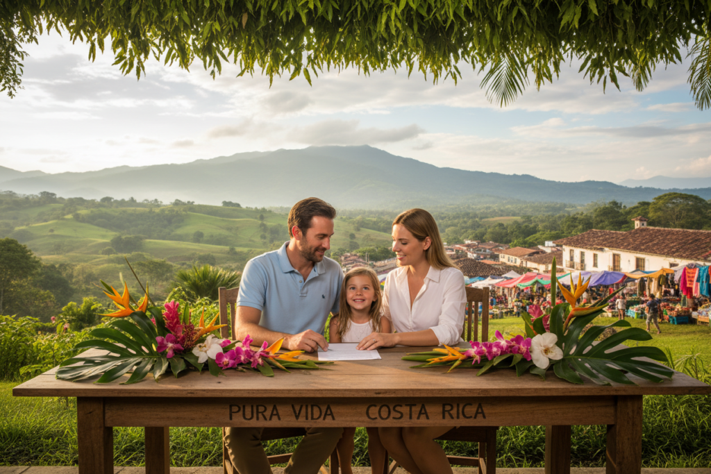 A serene family scene in a lush Costa Rican setting, symbolizing the eligibility criteria for residency. In the foreground, a Caucasian couple, dressed in professional business casual attire (polo and button-down shirts), sits with their young child at a wooden table adorned with Costa Rican flora. They are engaged in a thoughtful discussion, surrounded by vibrant tropical plants and soft morning sunlight filtering through the leaves, creating an inviting atmosphere. In the middle ground, a picturesque view of the iconic Costa Rican landscape, including rolling hills and distant mountains, embodies the peaceful life in Costa Rica. The background features elements of Costa Rican culture, like traditional architecture and colorful local markets, to enhance the scene. The overall mood is hopeful and family-oriented, emphasizing the concept of family requirements for residency. Include the brand name "Pura Vida Costa Rica" subtly integrated into the scene's elements.