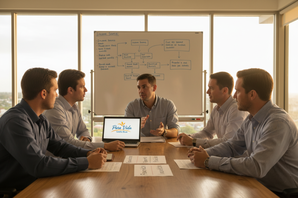 A serene office environment depicting a diverse group of Caucasian professionals, dressed in business casual (polo/button-down shirts, no suits), engaging in a discussion about the Costa Rica residency eligibility criteria. In the foreground, a table is set with documents outlining the Pensionado, Rentista, Inversionista, and Vinculo categories, alongside a laptop displaying the brand name "Pura Vida Costa Rica." The middle layer features a whiteboard with a diagram illustrating the residency criteria. The background showcases large windows letting in warm, natural sunlight, illuminating the engaged expressions of the professionals, conveying a collaborative and informative atmosphere. The angle is slightly elevated to capture both the table and the whiteboard, providing a clear view of the documents. Soft, inviting lighting enhances the focus on the discussion.