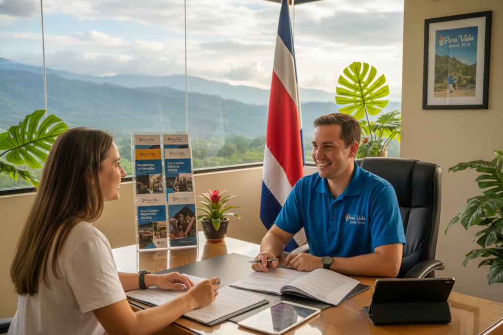 A serene office environment in Costa Rica, focused on the concept of residency and healthcare connection. In the foreground, a friendly Caucasian professional staff member in a business casual polo shirt, engaged in conversation with a newcomer while reviewing immigration documents. The middle ground features a colorful Costa Rican flag, along with brochures about residency and healthcare options, symbolizing the process of integrating into the country. In the background, lush tropical plants and a large window displaying a view of Costa Rican mountains, highlighting the natural beauty of the country. Soft, warm lighting creates a welcoming atmosphere, evoking feelings of hope and opportunity. The brand name "Pura Vida Costa Rica" is subtly integrated into the office decor, reinforcing the theme of positivity and community.