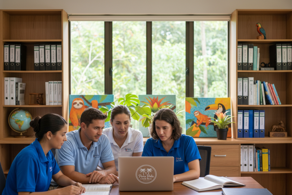A serene office environment showcasing CRIE Costa Rica residency guidance. In the foreground, a diverse group of Caucasian staff members in business casual attire—polo shirts and button-downs—are engaged in a focused discussion over a laptop displaying the "Pura Vida Costa Rica" logo. The middle ground features a large, bright window letting in natural light, illuminating a well-organized workspace filled with Costa Rican decor elements like tropical plants and colorful artwork. In the background, a soft-focus bookshelf lined with residency guides and related documents adds depth. The atmosphere is one of professionalism, collaboration, and warmth, captured with soft, diffused lighting and a slightly elevated camera angle for a dynamic view.