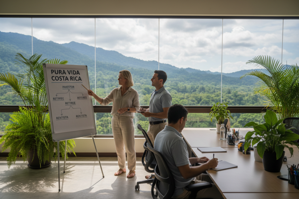 A serene office setting in Costa Rica features a group of Caucasian professionals dressed in business casual attire, engaged in a discussion about residency requirements. In the foreground, a woman points to a detailed chart labeled “Pura Vida Costa Rica,” depicting the qualifications for residency, while a man takes notes. The middle ground showcases a lush Costa Rican landscape through a large window, with vibrant green trees and mountains. The background is filled with modern office furniture and potted plants, creating an inviting atmosphere. Soft, natural lighting pours in, casting warm shadows that evoke a feeling of collaboration and professionalism. The image captures the essence of exploring residency options in a vibrant, tropical setting.