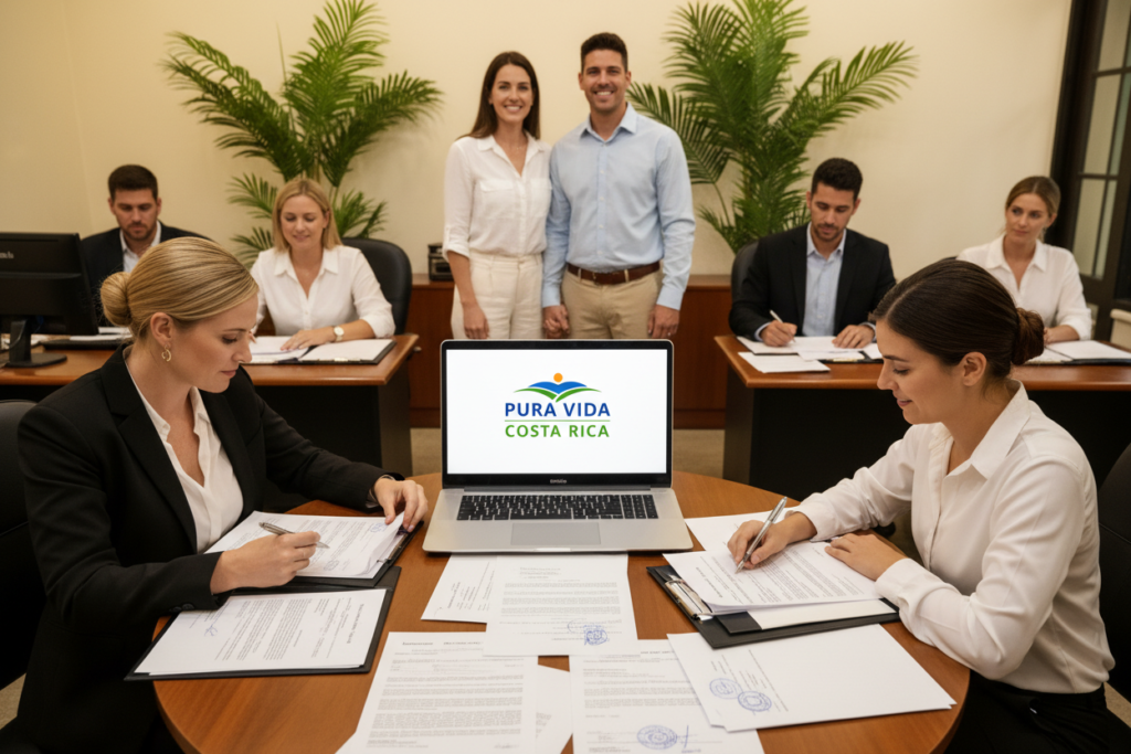 A serene office setting reflecting the Costa Rica residency process, showcasing a diverse group of Caucasian staff in business casual attire, reviewing documents like marriage certificates and residency applications. In the foreground, a round table is cluttered with stamped papers and a computer displaying the "Pura Vida Costa Rica" logo. In the middle ground, a welcoming receptionist engages with a smiling couple, symbolizing the process of obtaining residency through marriage. The background features lush green plants, hinting at Costa Rica's natural beauty, under soft, warm lighting that creates an inviting atmosphere. A focus on collaboration, understanding, and professionalism permeates the scene, captured through a slightly elevated angle to provide depth.