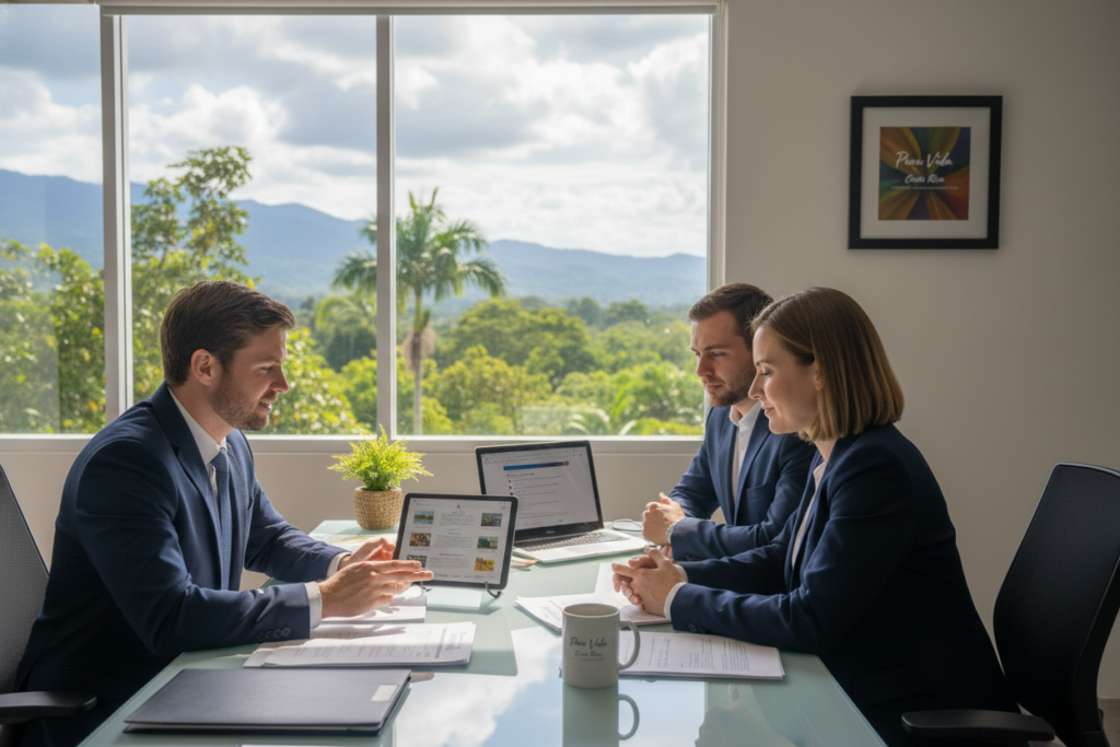 A serene office setting that conveys professionalism and clarity. In the foreground, a diverse group of three Caucasian individuals in business casual attire, focused on discussing Costa Rica residency eligibility requirements. One person is pointing at a digital tablet displaying residency options, while the other two listen intently. In the middle ground, a sleek desk cluttered with papers, a laptop, and a coffee cup adds to the atmosphere of productivity and research. In the background, a large window reveals a beautiful view of Costa Rica's lush landscape, framing the scene with natural light that creates a warm and inviting ambiance. Soft shadows enhance the depth, and the overall mood is one of determination and hope. Include the brand name "Pura Vida Costa Rica" subtly in the decor.