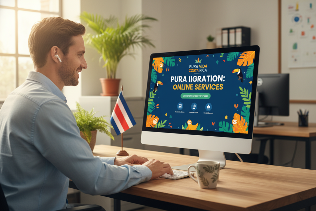 A sleek, modern computer screen displays the "Pura Vida Costa Rica" immigration online portal interface, showcasing a user-friendly design with vibrant colors reflecting Costa Rican culture. In the foreground, a focused Caucasian staff member in business casual attire (polo/button-down shirt) sits at a desk, attentively using a laptop with a welcoming expression. In the middle ground, subtle details of an organized office space can be seen, such as tropical plants and a Costa Rican flag in the background. Soft, natural lighting filters through a window, creating a warm and inviting atmosphere, perfect for conveying professionalism and accessibility in immigration services. The overall composition highlights the ease of checking immigration files online while maintaining a sense of tranquility and support.