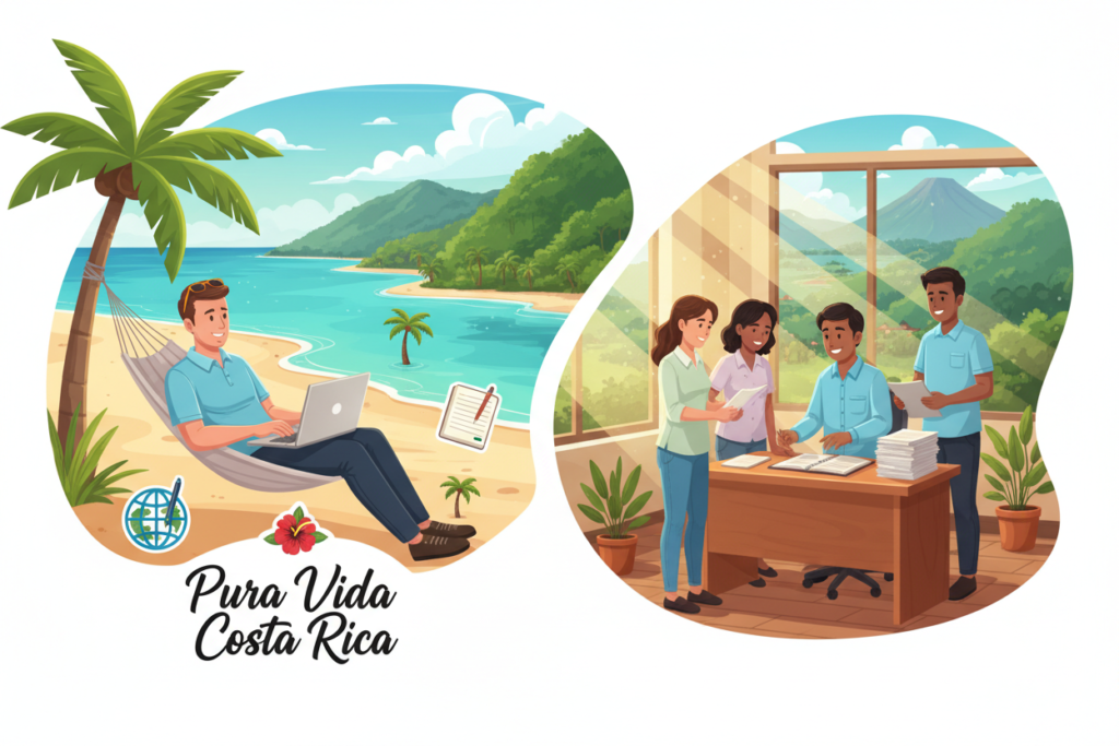 A split-scene illustration depicting the contrast between a digital nomad visa and traditional residency options in Costa Rica. In the foreground, a Caucasian man in a business casual polo shirt sits at a laptop on a tropical beach, working remotely with a relaxed expression. Surrounding him are symbols of entrepreneurship—like a globe and a notepad—with the brand name "Pura Vida Costa Rica" elegantly showcased. In the middle ground, a diverse group of people in modest casual clothing consults with a friendly local official inside a sunlit office setting, reviewing residency paperwork. The background features a vibrant Costa Rican landscape with lush greenery and the distant silhouette of beaches, conveying a warm, inviting atmosphere. Bright, natural lighting fills the scene, enhancing the cheerful and uplifting mood. The angle is slightly elevated, providing depth and perspective. A split-scene illustration depicting the contrast between a digital nomad visa and traditional residency options in Costa Rica. In the foreground, a Caucasian man in a business casual polo shirt sits at a laptop on a tropical beach, working remotely with a relaxed expression. Surrounding him are symbols of entrepreneurship—like a globe and a notepad—with the brand name "Pura Vida Costa Rica" elegantly showcased. In the middle ground, a diverse group of people in modest casual clothing consults with a friendly local official inside a sunlit office setting, reviewing residency paperwork. The background features a vibrant Costa Rican landscape with lush greenery and the distant silhouette of beaches, conveying a warm, inviting atmosphere. Bright, natural lighting fills the scene, enhancing the cheerful and uplifting mood. The angle is slightly elevated, providing depth and perspective.