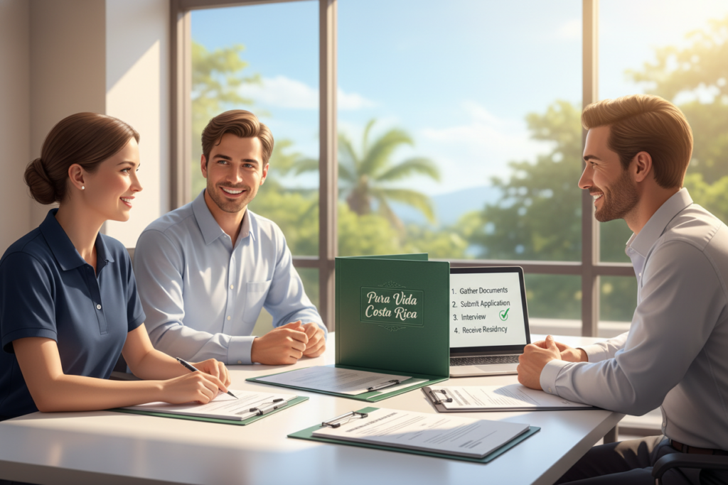 A step-by-step guide illustration for the Costa Rica residency process, featuring a professional setting with a clean table displaying documents and application forms. In the foreground, a diverse group of Caucasian staff dressed in business casual attire, such as polo shirts and button-downs, discuss the process with friendly expressions. In the middle ground, an official-looking folder labeled "Pura Vida Costa Rica" is prominently displayed alongside a laptop showing a checklist of steps. The background includes a bright window with natural sunlight pouring in, creating an inviting atmosphere. Capture this scene from a slightly elevated angle to emphasize the interaction, ensuring the lighting is warm and inviting, enhancing a sense of professionalism and clarity in the residency process.